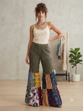 Young Threads size XS Patchwork Wide-Leg Embroidered Flare Pants